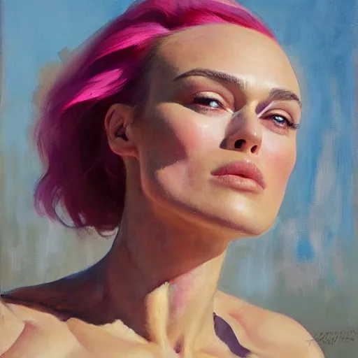 Prompt: greg manchess portrait painting of confident keira knightley with pink hair as beautiful thick muscular female bodybuilder zarya from overwatch, medium shot, asymmetrical, profile picture, organic painting, sunny day, matte painting, bold shapes, hard edges, street art, trending on artstation, by huang guangjian and gil elvgren and sachin teng