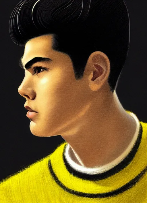 Image similar to portrait of young reggie mantle, mean smirk, egotistical, slicked back hair, striped yellow and black sweater, 1 9 5 0 s, intricate, elegant, glowing lights, highly detailed, digital painting, artstation, concept art, smooth, sharp focus, illustration, art by wlop, mars ravelo and greg rutkowski