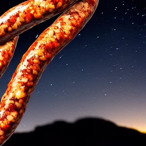 Image similar to slice of CHORIZO sausage, night sky, 8k, photograph, photorealistic