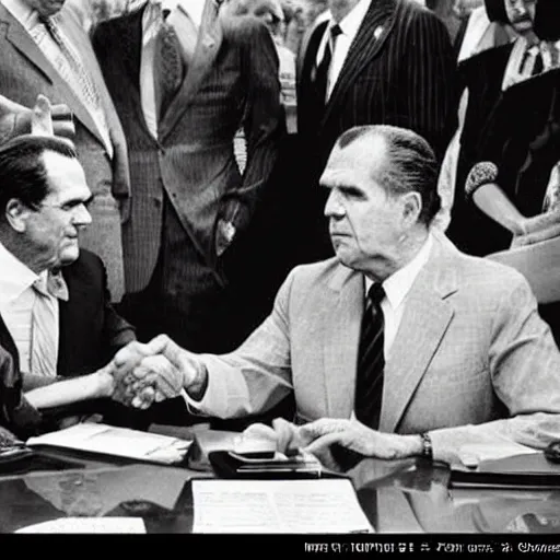 Image similar to Newspaper photograph showing President Nixon making a deal with the Mere-people of Atlantis