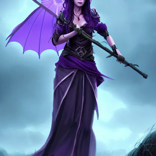 Image similar to a woman in a purple dress holding a staff and dark magic, storm and rain behind her, action scene, magical concept art, artstation contest winner, fantasy art, dark and mysterious, artstation hd, detailed, 8 k, digital art