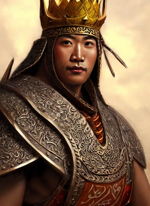 Image similar to king ramkhaheang, close portrait, historical, ethnic group, traditional tai costume, bronze headset, leather shoulder armor, fantasy, intricate, with leather armor cross onbare chest, elegant, loin cloth, highly detailed, oill painting, artstation, concept art, matte, sharp focus, illustration, hearthstone, art by earl norem