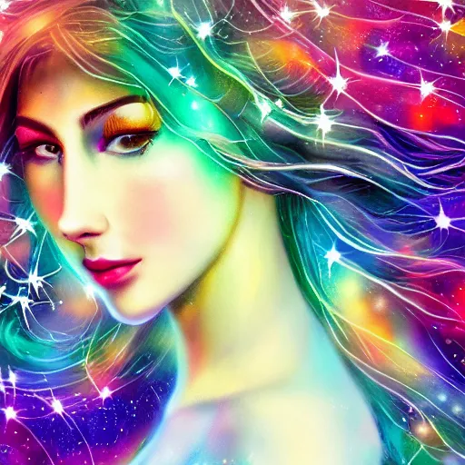 Prompt: Detailed Complex Colorful Magical Enchanted portrait of a Delicate Beautiful Celestial Creature of Light, Attractive, Beautiful, Seductive, Innocent, Pure, 4k, photorealistic