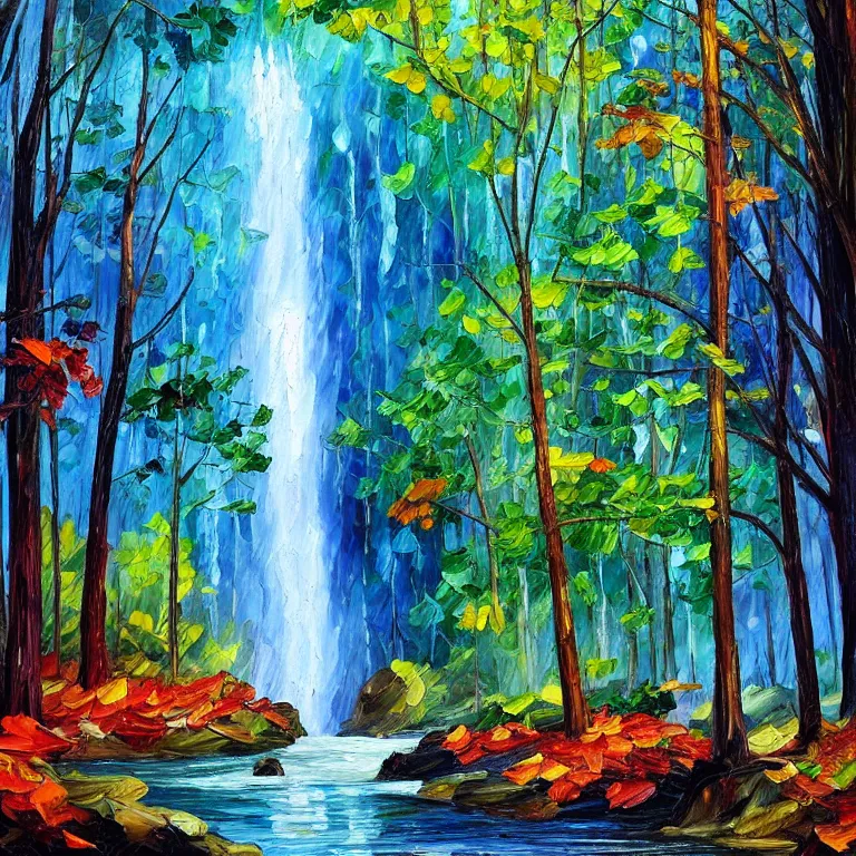 Image similar to A beautiful oil painting of a very tall waterfall on a very rocky cliff, in the middle of a huge forest of trees with bright blue glowing leaves, by Afremov