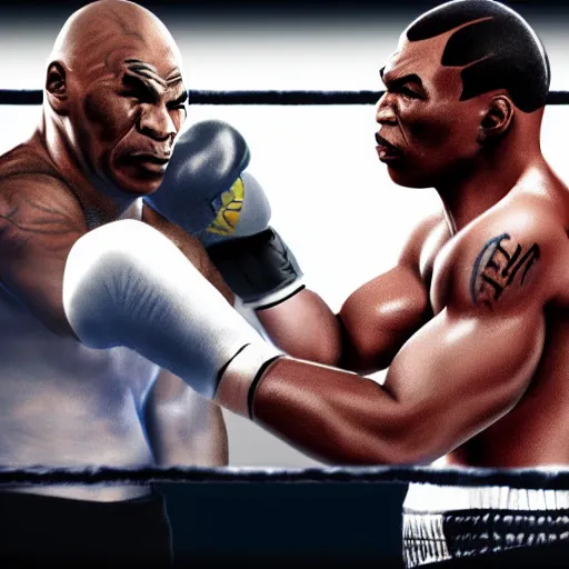 Image similar to a photorealistic image of Mike Tyson squaring off in a boxing ring against Biden, highly detailed, well focused, artstation