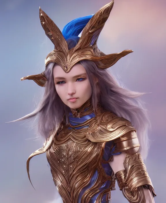 Prompt: a beautiful and highly detailed digital portrait of a dignified elf with long blue windswept hair in a rose gold breastplate by artgerm, jia ruan, and lu ji, centered, artsation contest winner, cgsociety, fantasy art, cryengine, concept art, photorealism, daz 3 d, sketchfab, zbrush, vray