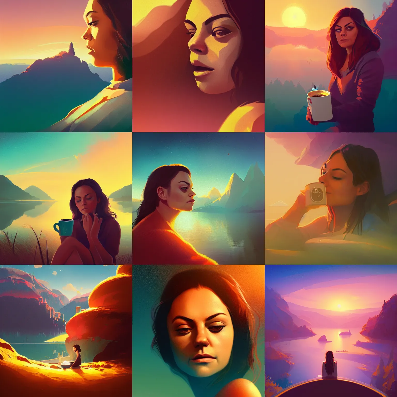 Image similar to close - up portrait of sleepy mila kunis, morning golden hour, steaming coffee, mystical lake view vista, anton fadeev, paul lehr, rhads, alena aenami