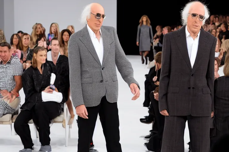 Image similar to Larry David posing on the catwalk fashion show Chanel, fashion week