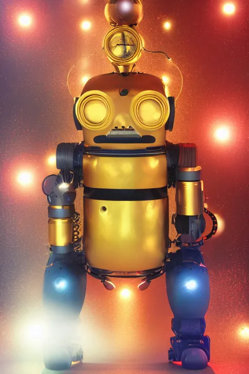 Image similar to portrait photo of a giant huge golden and blue metal humanoid steampunk robot singer with headphones and big gears and tubes, a red glowing microphone on a tripod, eyes are glowing red lightbulbs, shiny crisp finish, 3 d render, 8 k, insaneley detailed, fluorescent colors, background is multicolored lasershow