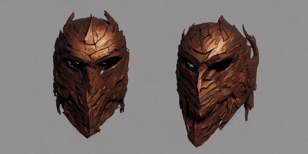 Image similar to evil wooden mask design, character sheet, 3d render, Greg Rutkowski, Zabrocki, Karlkka, Jayison Devadas, Phuoc Quan, trending on Artstation, 8K, ultra wide angle, zenith view, pincushion lens effect