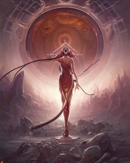 Prompt: paralyzed possessed by the deceased, the all seeing eye in the forehead of reality, a fire of a million guns, the mother of a millions sounds, god emperor of civilization illustration trending on artstation, anime. by peter mohrbacher and artgerm and greg rutkowski and ilya kuvshinov. high quality, stunning, intricate detailed character. 8 k