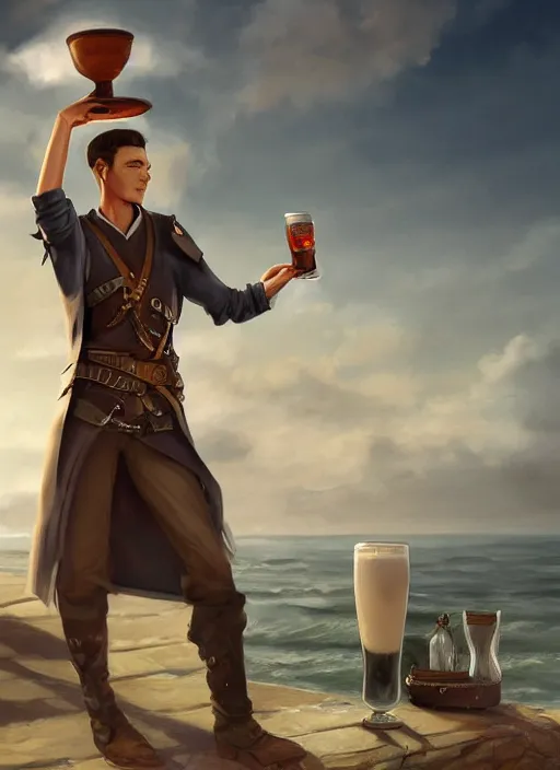 Prompt: young slim man, short black hair, pale, holding a tankard of ale, digital art, pathfinder, d & d, detailed, realistic, trending on artstation, sea in the background