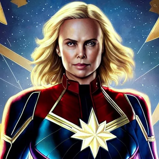 Image similar to Charlize Theron As Captain Marvel, artists portrait, fantasy, highly detailed, digital painting, concept art, sharp focus, depth of field blur, illustration, art by artgerm and greg rutkowski and alphonse mucha