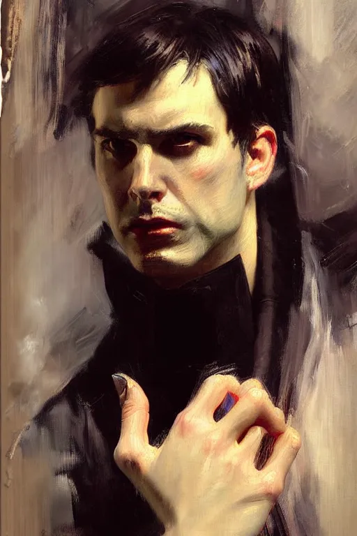 Image similar to impressionist brushstrokes!!!! giger and artgerm and richard schmid and jeremy lipking victorian loose genre loose painting full length portrait painting of a victorian male vampire