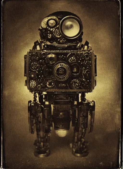 Prompt: old wetplate daguerreotype portrait of futuristic cute little robot, dubbel negative exposure, explosion of data fragments, fractal, intricate, elegant, highly detailed, parallax, leica, medium format, subsurface scattering, by jheronimus bosch and greg rutkowski and louis jacques mande daguerre