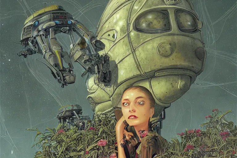 Prompt: gigantic robot - girl head floating in the space, a lot of exotic plants, trees, flowers, oldschool vintage sci - fi flat surreal grainy design, super - detailed, painting by enki bilal and moebius, hd, 4 k, high quality