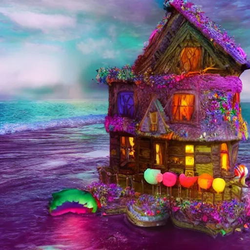 Prompt: a witches house made out of candies on the ocean, epic scene, fantasy, redshift render, cgi, hyper - detailed, photo - bash, 8 k post - production, masterpiece