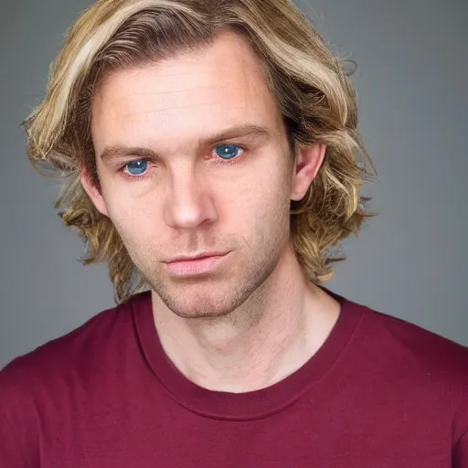 Image similar to full face color photograph of a 40 year old very handsome white man with very short, wavy, light blond hair and small blue eyes, dressed in a maroon t shirt and black jeans, with very thin lips, with a straight nose and blond stubble on his oval face, and pale skin. He resembles a lion.