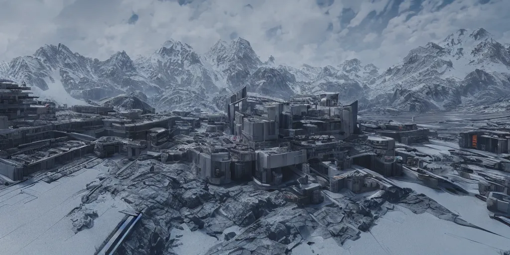 Image similar to a cyberpunk army base built on top of a high snow mountain in the alps, concrete, brutalism, rendered in octane, unreal engine 5, trending on artstation, 8 k