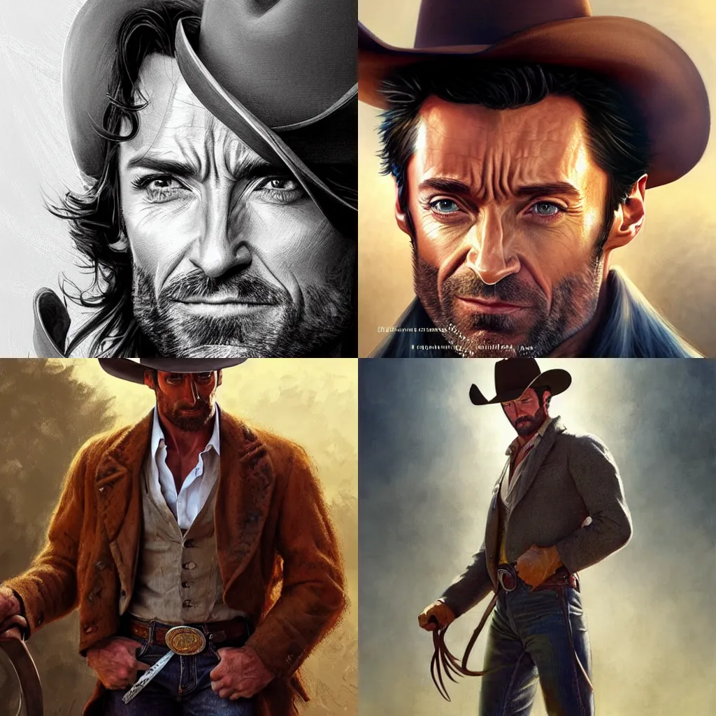 Prompt: hugh jackman as a cowboy, photorealistic, handsome, romance novel cover, face, detailed, dreamy, elegant, digital painting, artstation, smooth, sharp focus, artgerm, greg rutkowski, annie leibovitz