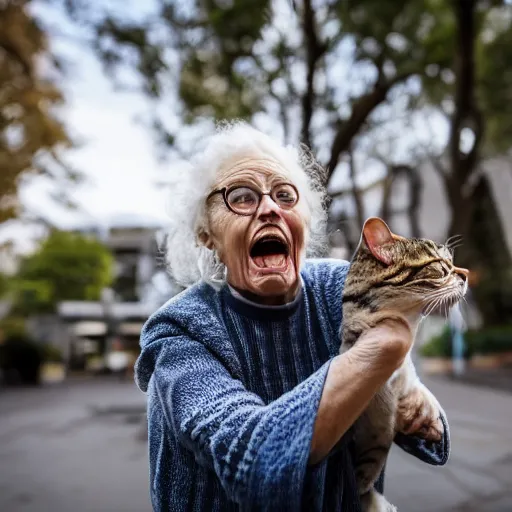 Image similar to elderly woman screaming at a cat, canon eos r 3, f / 1. 4, iso 2 0 0, 1 / 1 6 0 s, 8 k, raw, unedited, symmetrical balance, wide angle