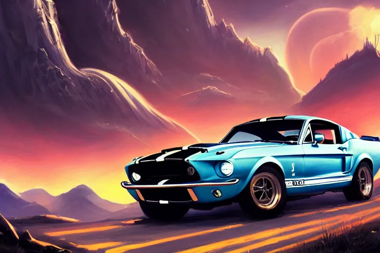 Image similar to a 1 9 6 7 shelby gt 5 0 0 driving down a long country road, coriolios rpg art style, full of details, warm sunset colors, matte painting, artstation, 8 k, hyperrealistic, style of peter mohrbacher, album cover, extreme long shot, mountains, panoramic, wide shot