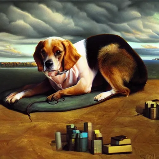 Prompt: dog dreams, surrealism, oil on canvas, high detail, masterpiece