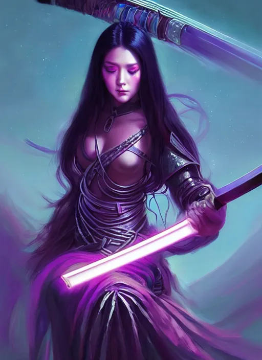 Prompt: portrait of a beautiful woman with long black hair wearing sci - fi samurai armor, holding a katana made from glowing purple energy and runes, intricate, elegant, glowing lights, highly detailed, digital painting, artstation, concept art, smooth, sharp focus, illustration, art by wlop, mars ravelo and greg rutkowski