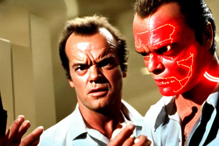 Image similar to Jack Nicholson plays Terminator, his one yes glow red, he is injured, still from the film