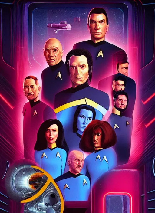 Prompt: Star Trek TNG crew portrait photo, Cyberpunk 2049, highly detailed, pop art poster, vector art, Unreal engine, Octane render, Weta digital, HDRP, RTX, volumetric lighting, poster artwork by Michael Whelan and Tomer Hanuka