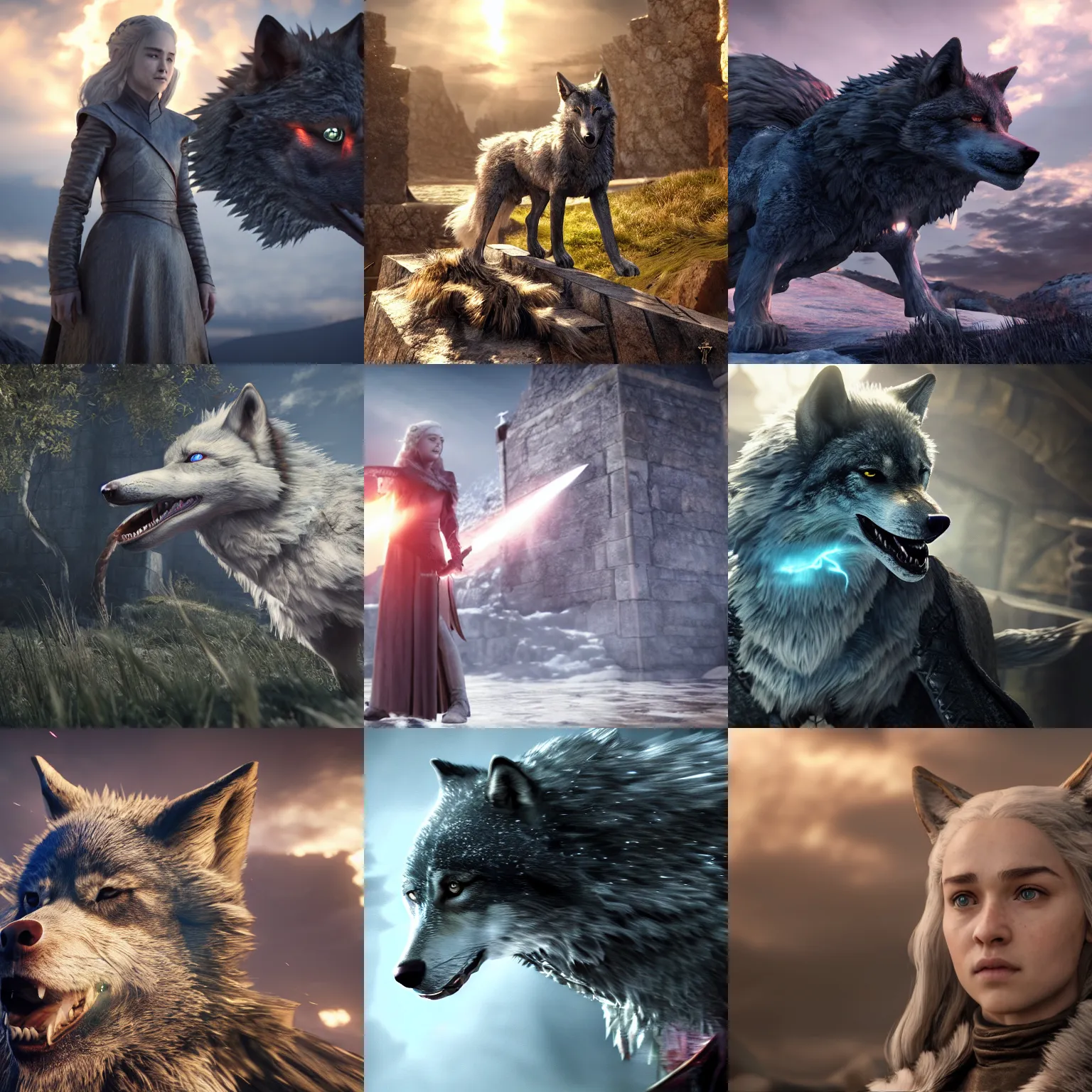 Prompt: A screenshot from Game of Thrones featuring an anime wolf girl, unreal engine, ray tracing, god rays, DAZ, 4K, UHD, octane render, cinematic, volumetric lightning, game engine