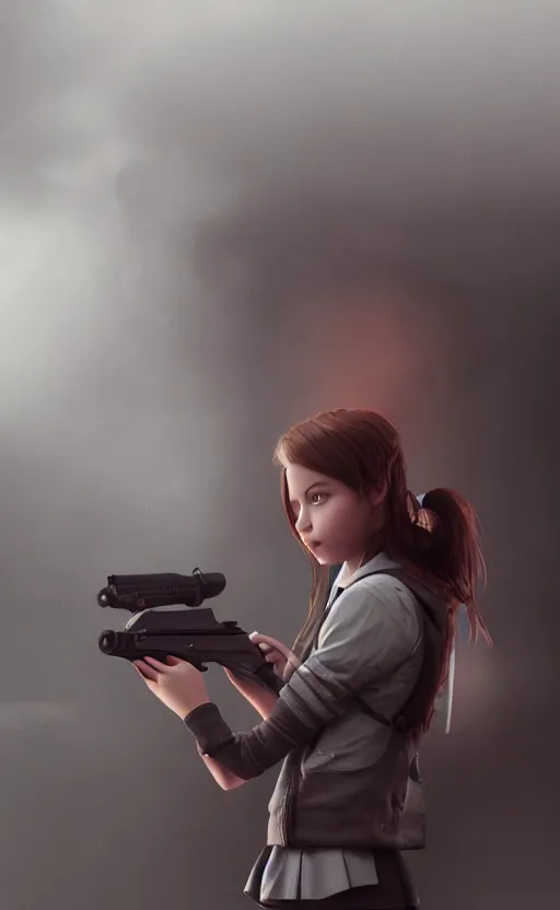 Prompt: school girl holding a gun, gloomy and foggy atmosphere, octane render, cgsociety, artstation trending, horror scene, highly detailded