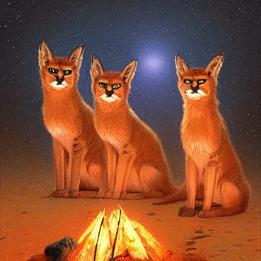 Image similar to three cute caracals wearing red ties with guitar, campfire, night, atmospheric lighting, intricate, volumetric lighting, digital art, highly detailed by gaston bussiere, craig mullins, j. c. leyendecker 8 k