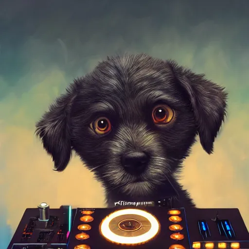 Image similar to puppy as a DJ, 8k, fantasy, intricate, cinematic lighting, highly detailed, digital painting, artstation, concept art, smooth, sharp focus, illustration, by Pixar