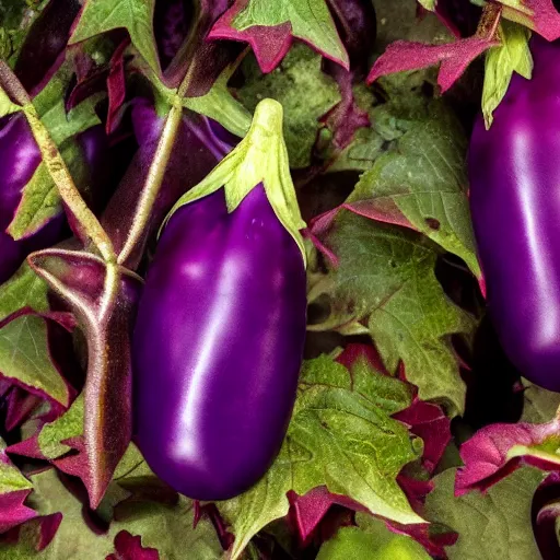 Image similar to a ornate detailed red and purple glowing eggplant, an eggplant fruit still on the vine