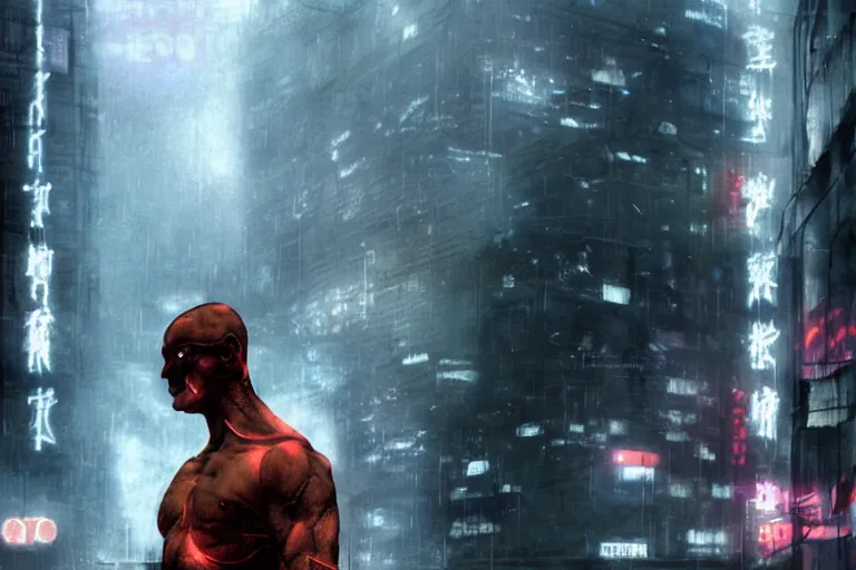 Image similar to roy batty with a bare torso sits in the lotus position with his head bowed in the rain on the roof of a building in the cyberpunk future, around neon signs, a little haze, night, realistic proportions, anime style ghost in armor