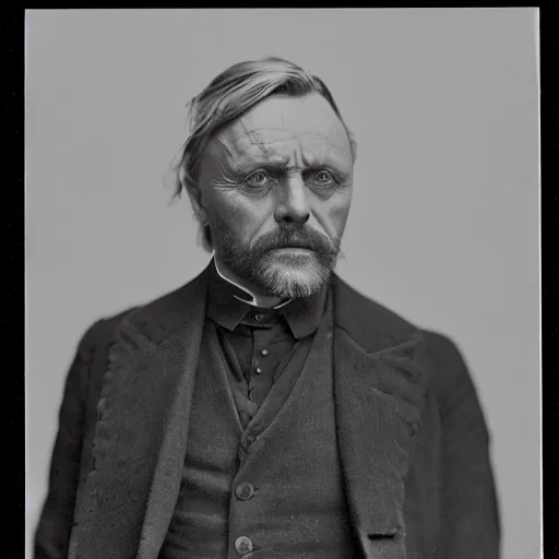 Image similar to headshot edwardian photograph of anthony hopkins, mads mikkelsen, arthur shelby, terrifying, scariest looking man alive, 1 8 9 0 s, london gang member, slightly pixelated, intimidating, fearsome, realistic face, peaky blinders, 1 9 0 0 s photography, 1 9 1 0 s, grainy, blurry, very faded!