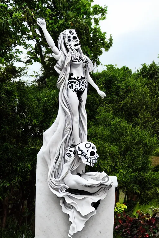 Image similar to Dramatic view of La catrina statue sculpted on white stained marble by Bernini and kris kuksi