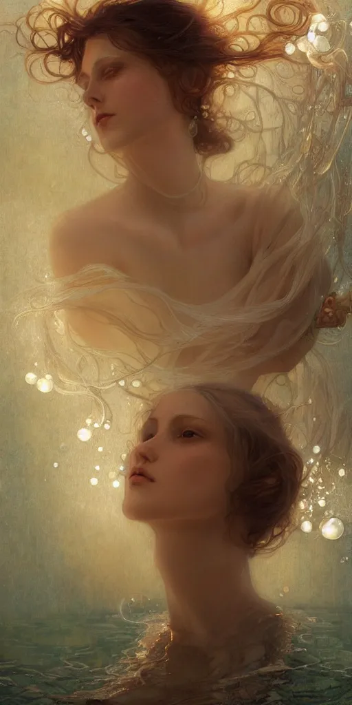 Image similar to hyper realist matte digital painting of a young beautiful woman, floating in water, bubbles rising, fantasy art, photo realistic, dynamic lighting, artstation, volumetric lighting, by mucha, by charlie bowater, by karol bak, by alma tadema