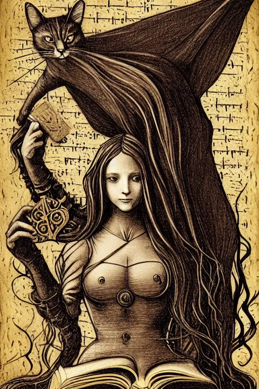 Image similar to da vinci illustration of romantic girl, her cat and her book of necronomicon, symmetrical, cinematic, sharp focus, 4 k, ultra hd, sense of awe, sinister demonic atmosphere, dreadful, forbidden knowledge, old gods, cthulhu, yog - sothoth! yah, yah, yah! cultist journal cover