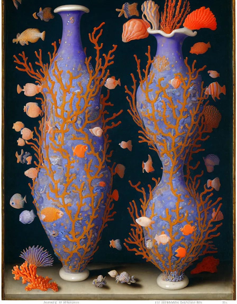 Image similar to bottle vase of coral under the sea decorated with a dense field of stylized scrolls that have opaque outlines enclosing mottled blue washes, with purple shells and blue fishes, Ambrosius Bosschaert the Elder, oil on canvas, around the edges there are no objects