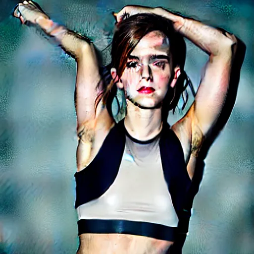 Prompt: Portrait of Emma Watson wearing a crop top and sports pants, luxurious, majestic, by Martin Schoeller