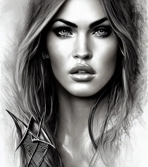 Prompt: portrait of beautiful megan fox as greek goddess aphrodite as an archer, arrow crown, beautiful piercing eyes, flowing blonde hair, realistic face, black and white drawing, in the style of greg rutkowski, fantasy, amazing detail, epic, intricate, elegant, smooth, sharp focus