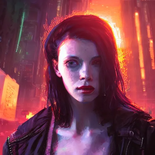 Prompt: molly millions, closeup portrait of a young beautiful cyberpunk woman, mirror eye implants, black hair in a rough shag, sunset, neuromancer, street samurai, cyberpunk city background, megacity, gorgeous view, depth, painted by seb mckinnon, high detail, digital art, painted by greg rutkowski, trending on artstation