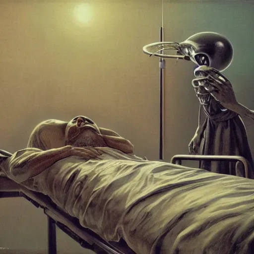Prompt: an alien conducting experiments on a politician lying on a hospital bed, beksinski, dariusz zawadzki, very coherent symmetrical artwork, cinematic, hyper realism, high detail, octane render, 8 k