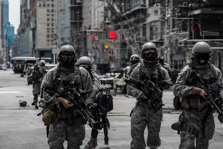 Image similar to Mercenary Special Forces soldiers in grey uniforms with black armored vest and helmets in urban warfare in New York 2022, Canon EOS R3, f/1.4, ISO 200, 1/160s, 8K, RAW, unedited, symmetrical balance, in-frame, combat photography