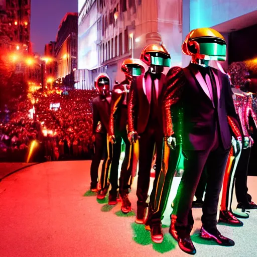 Image similar to a photo of a parade of people dressed in Daft Punk Helmets and Daft Punk Suits, 8k, dramatic lighting