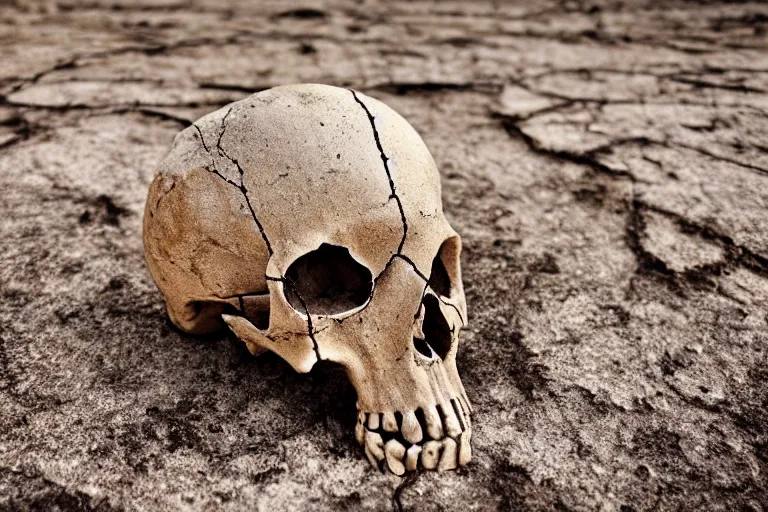 Prompt: Dry river bed with a rusty broken bridge, macro photo of an animal skull bleached by the sun, post apocalyptic, dystopian
