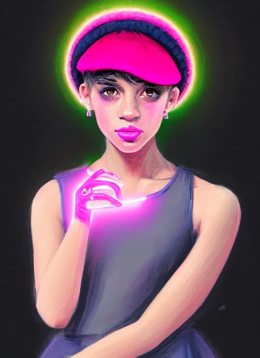 Image similar to portrait of teenage vanessa morgan with bright pink hair, black girl, curly pixie cut hair, wearing newsboy cap, pink short haircut, newsboy cap, hoop earrings, blue eyes, intricate, elegant, glowing lights, highly detailed, digital painting, artstation, concept art, smooth, sharp focus, illustration, art by wlop, mars ravelo and greg rutkowski