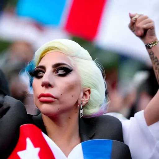 Image similar to Lady Gaga as president, Argentina presidential rally, Argentine flags behind, bokeh, giving a speech, detailed face, Argentina